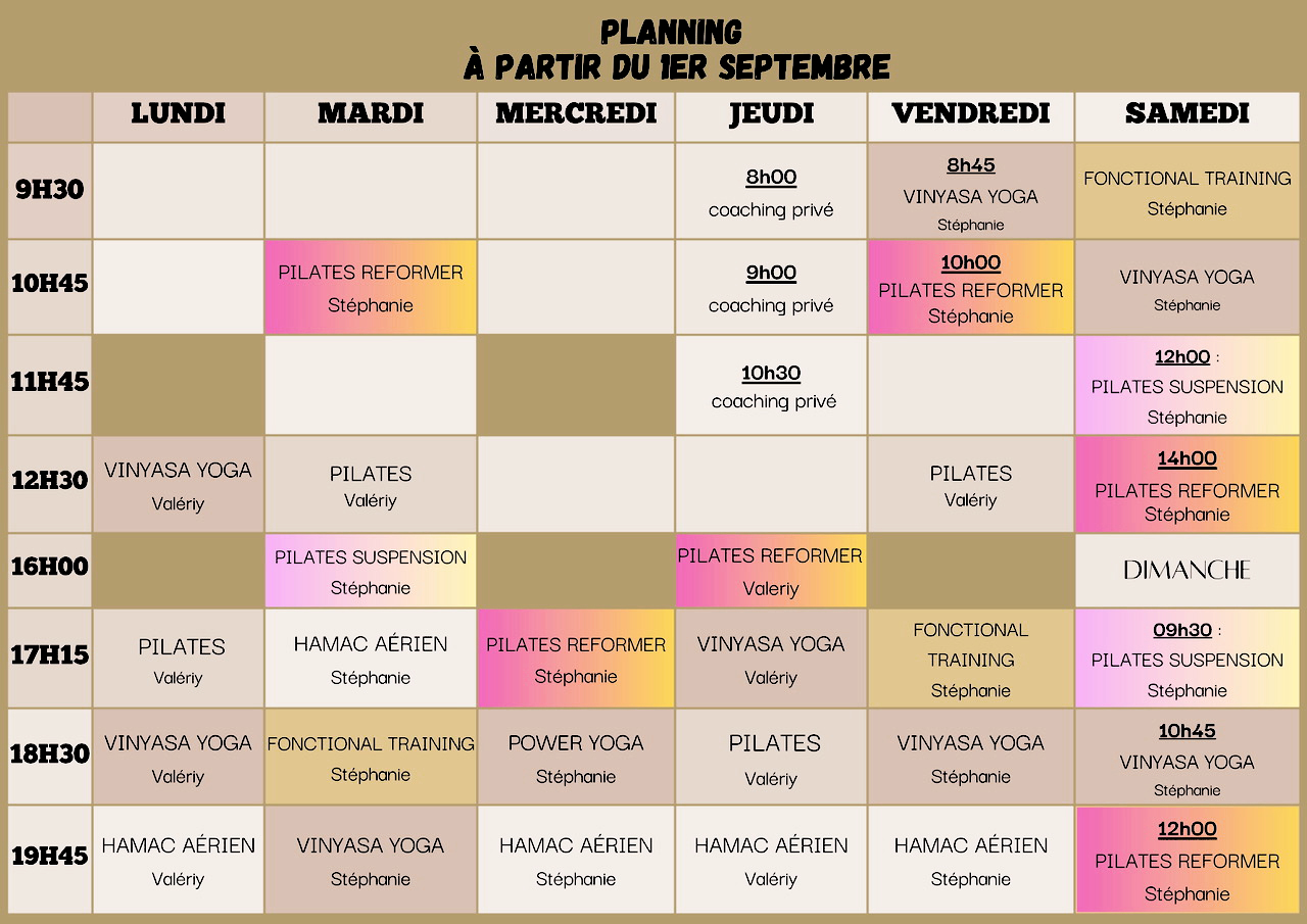 Planning hebdomadaire de cours de Pilates, Yoga, Functional Training dès le 1er septembre avec Stéphanie et Valériy.