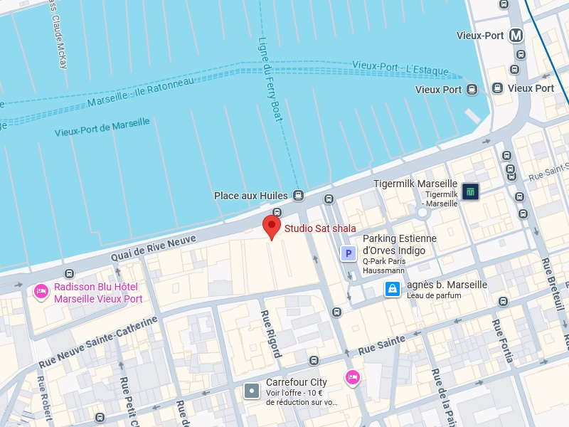 Vieux-Port Marseille : Carte détaillée Quai Rive Neuve Carte détaillée du Vieux-Port de Marseille, Quai de Rive Neuve, localisant le Studio Sat shala près de la Place aux Huiles.