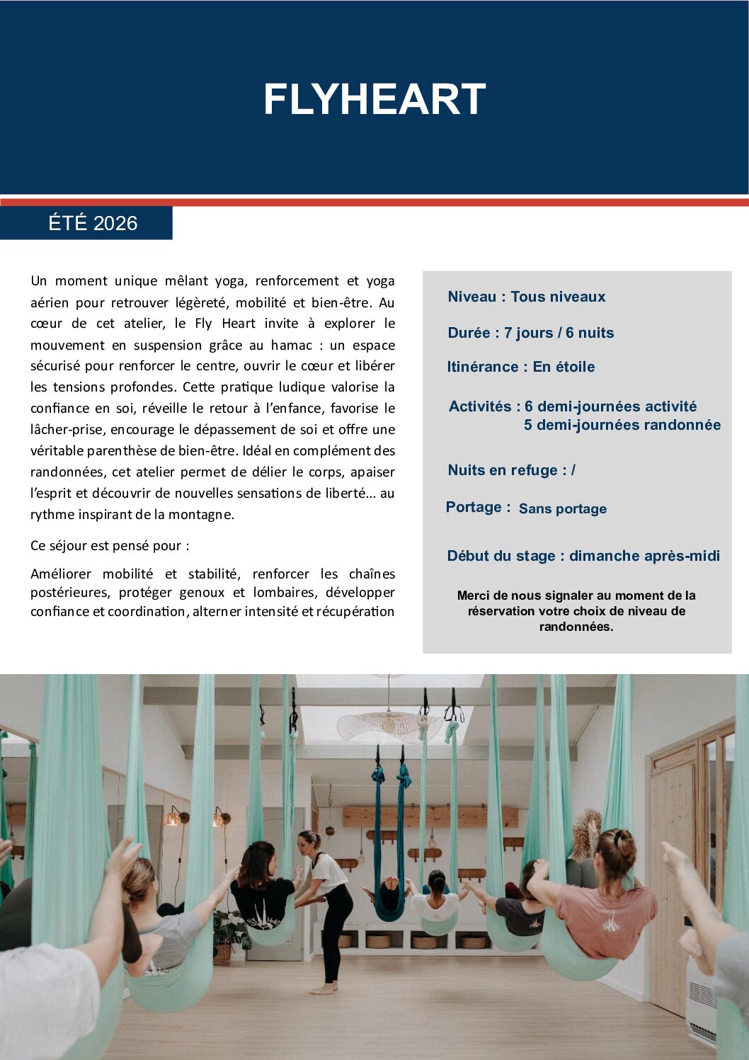 Flyheart Été 2026 : séance de yoga aérien avec hamacs et randonnée. Groupe pratiquant la mobilité et le bien-être.
